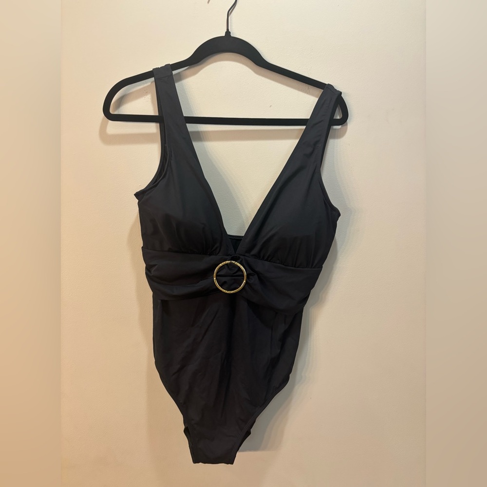 Ralph Lauren Women’s‎ 16 Black One Piece Swimsuit Deep V-Neck Buckle